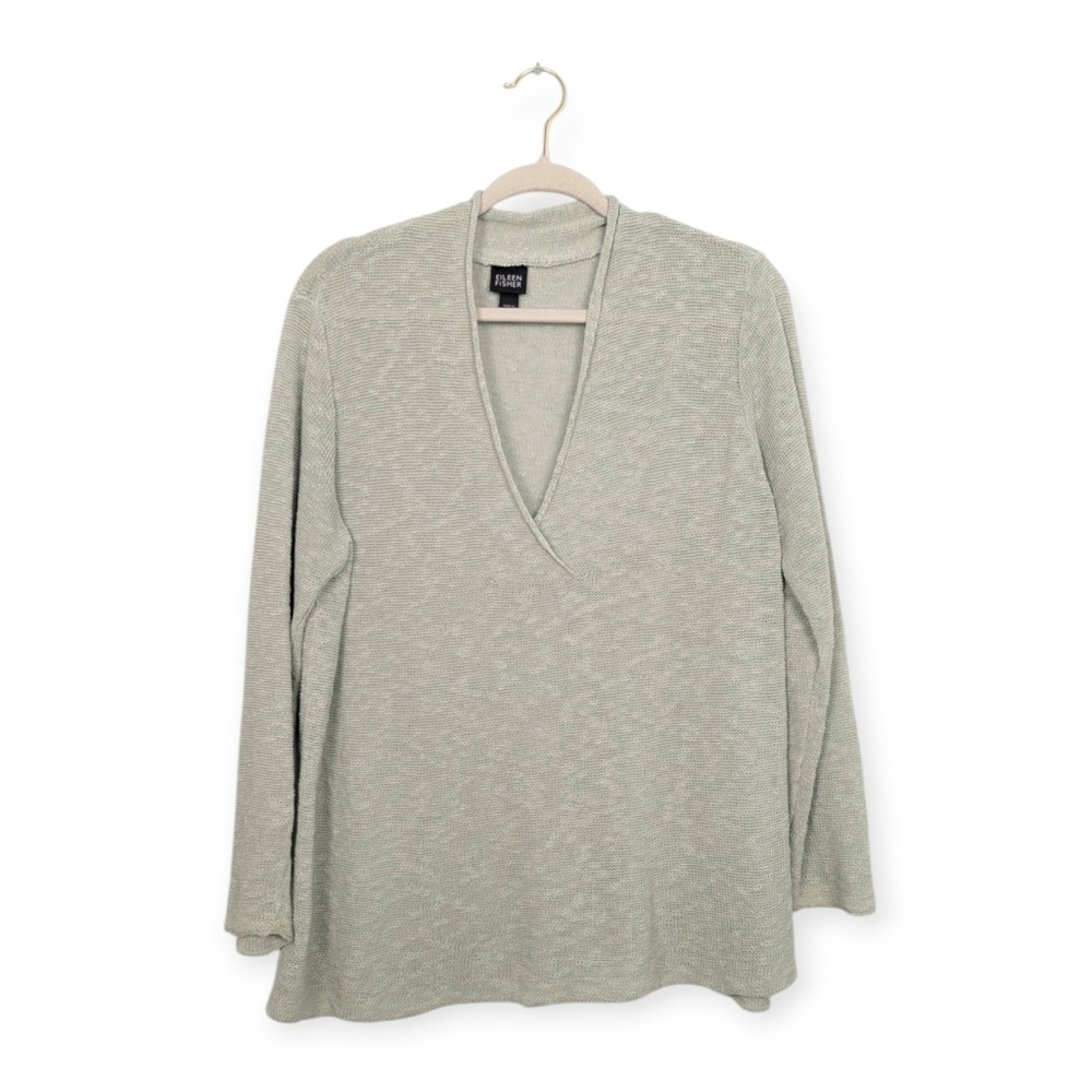 Eileen Fisher Sage Organic Linen Blend V-Neck Lightweight Knit Sweater Size L